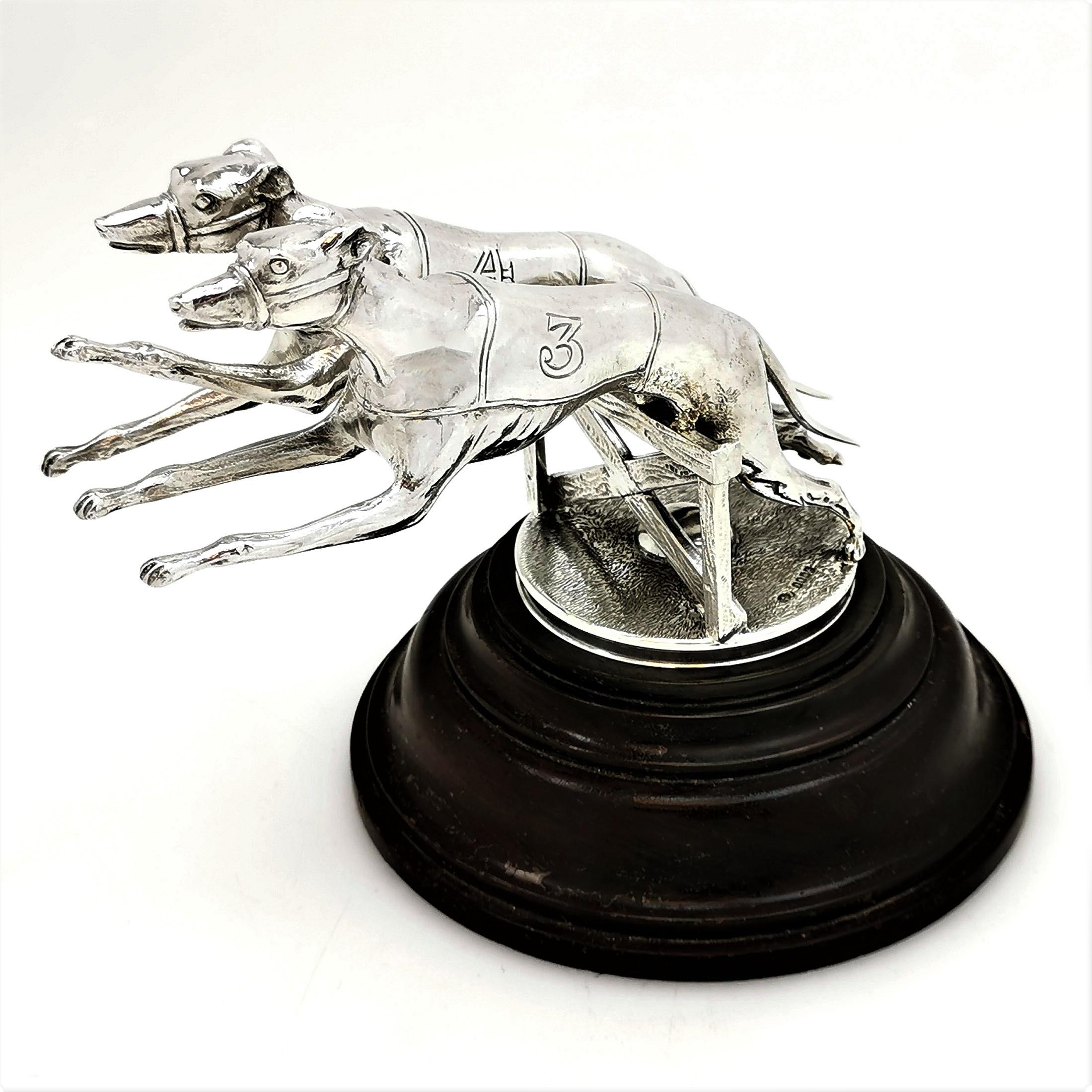 20th Century Pair of Greyhound Dogs on Plinth Sterling Silver Model Statue Figures, 1927