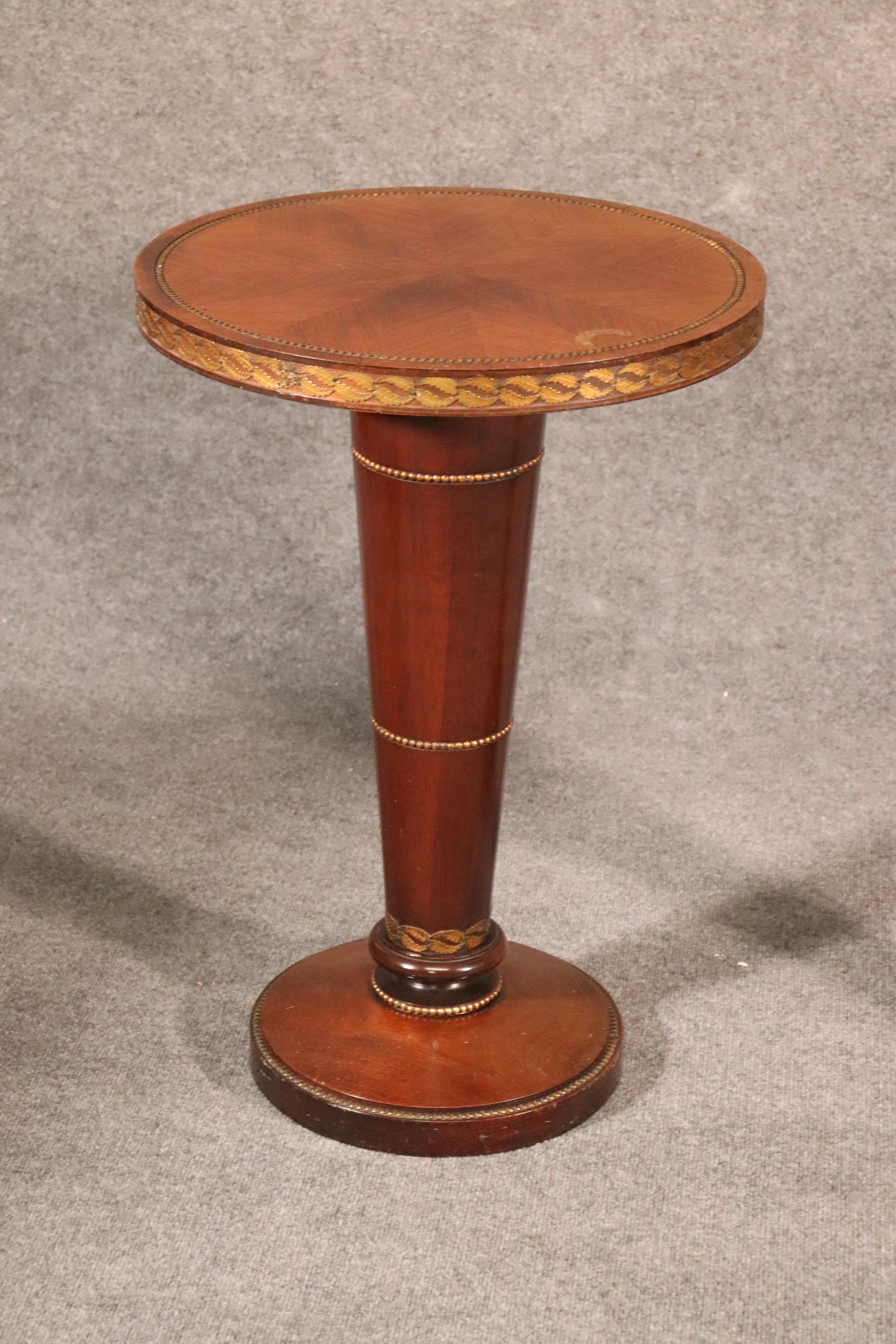 These tables are quite unique and well-designed most likely by the famous Grosfeld House of New York in the 1950s. Featuring solid bronze ormolu surrounding the base and the top and fine mahogany these tables are in good original condition and can