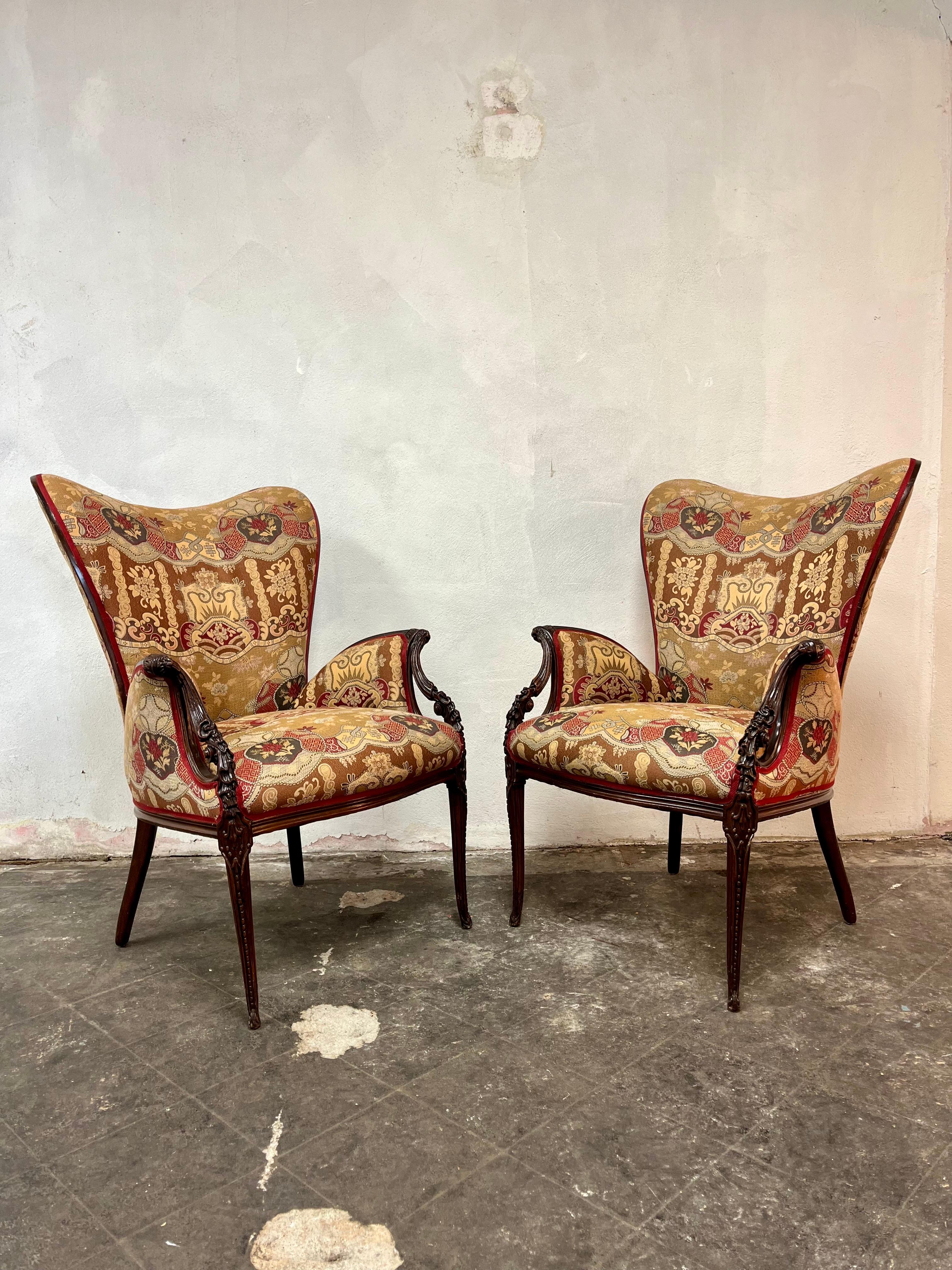 Pair Grosfeld House Hollywood Regency Mahogany Lounge Armchairs Dorothy Draper 2