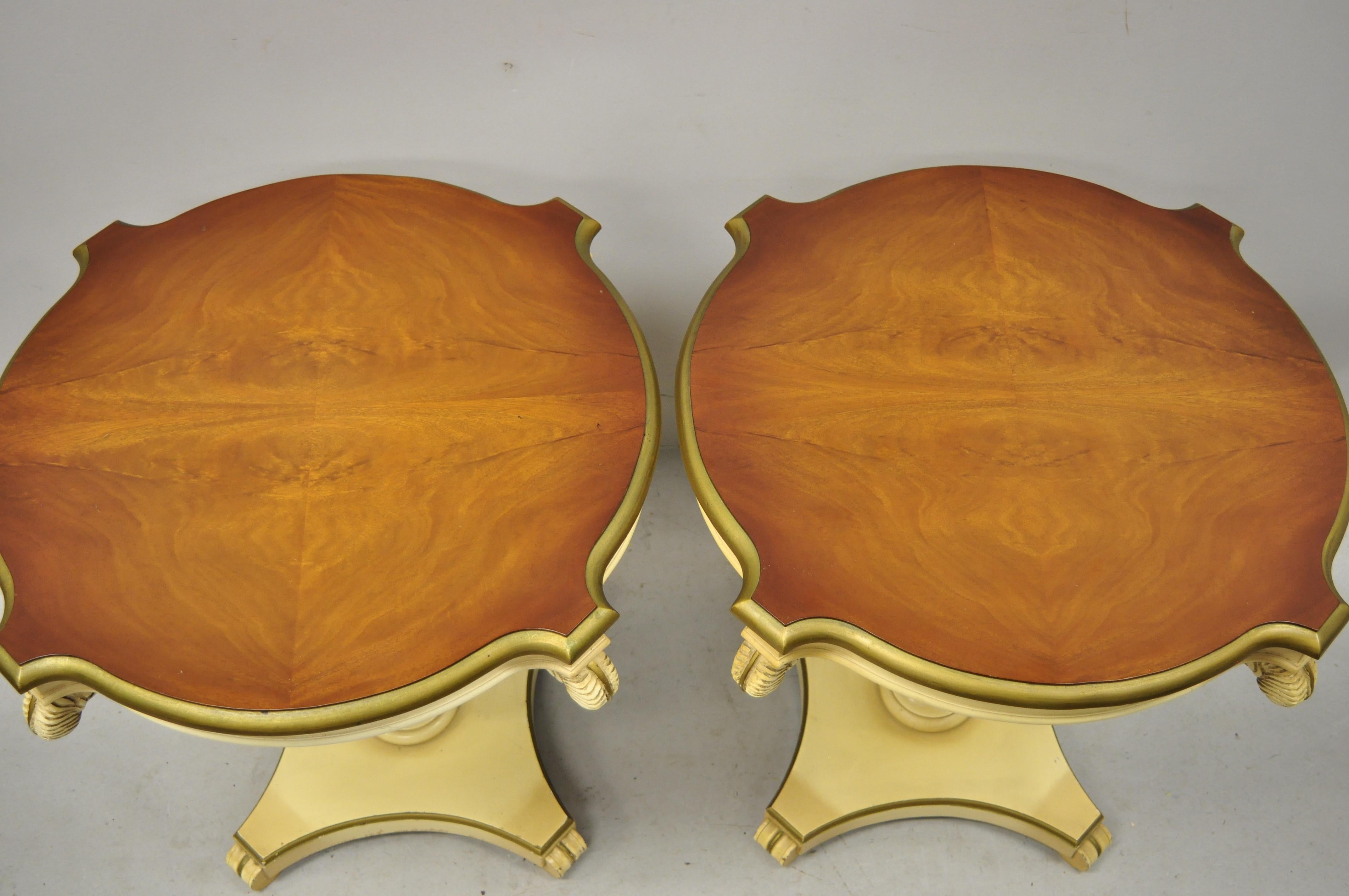 Wood Pair of Grosfeld House Plume Carved Feather Pedestal Regency End Side Tables For Sale