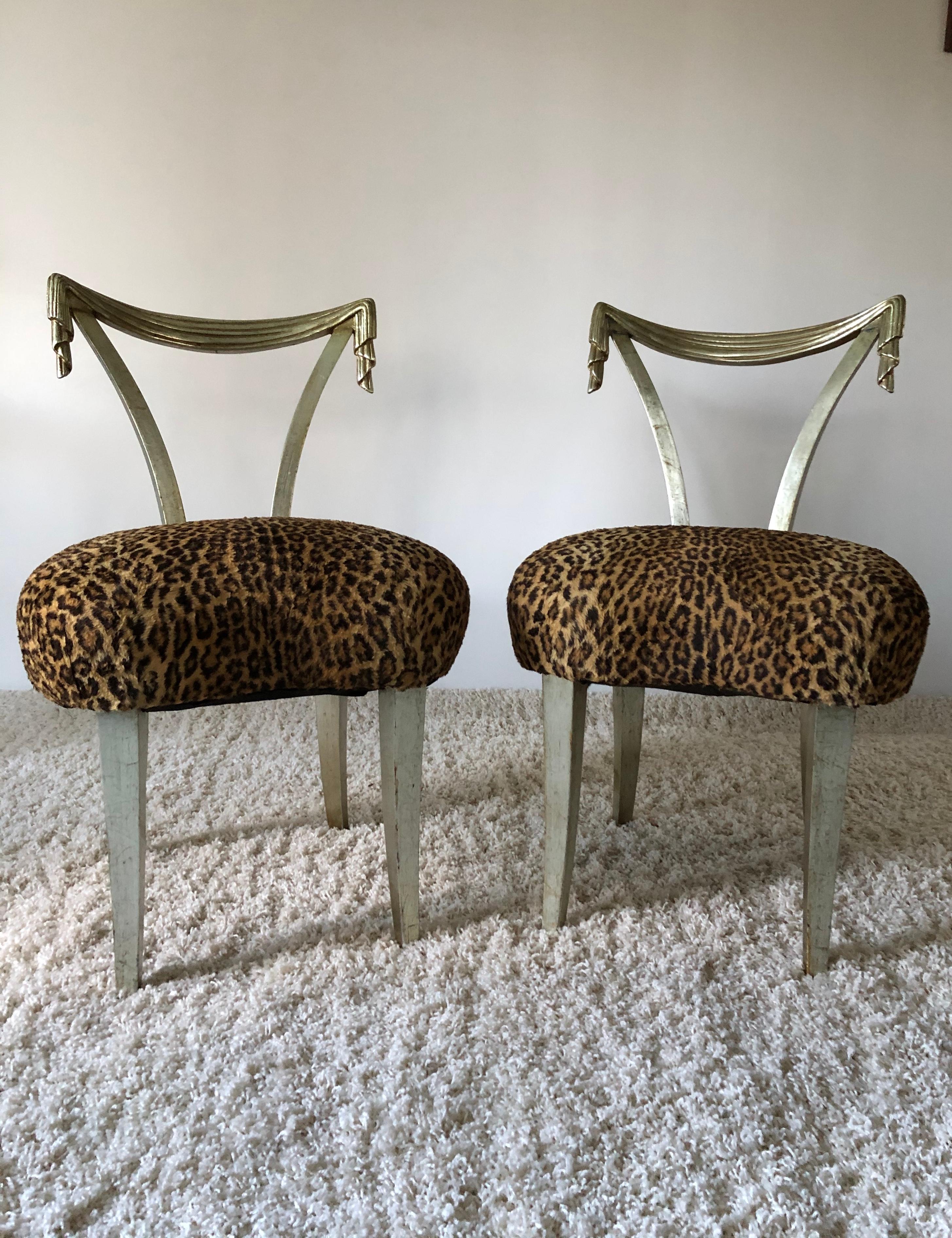Hollywood Regency Pair of Grosfeld House Silver Leaf Leopard Tassel Chairs For Sale