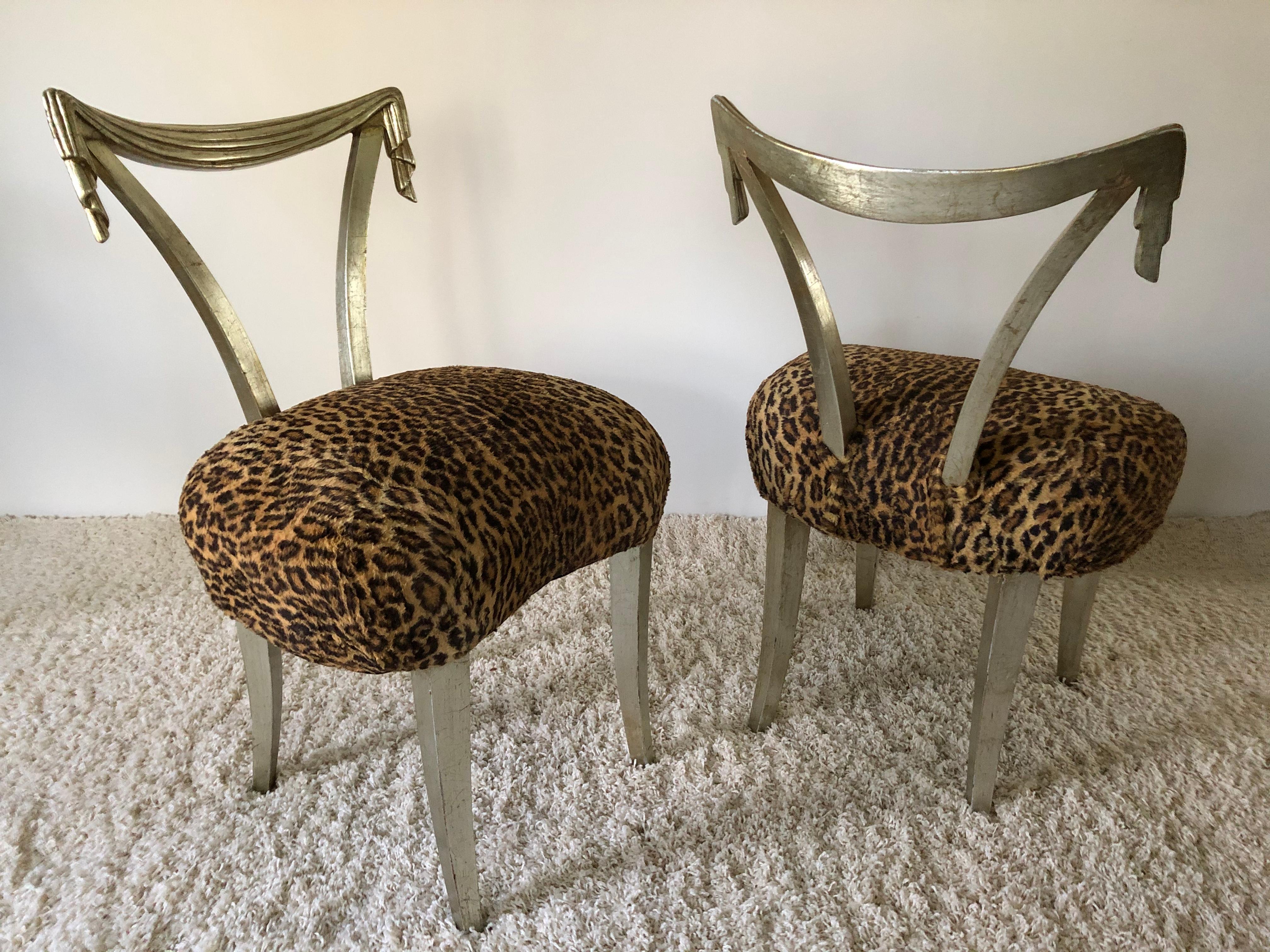 American Pair of Grosfeld House Silver Leaf Leopard Tassel Chairs For Sale