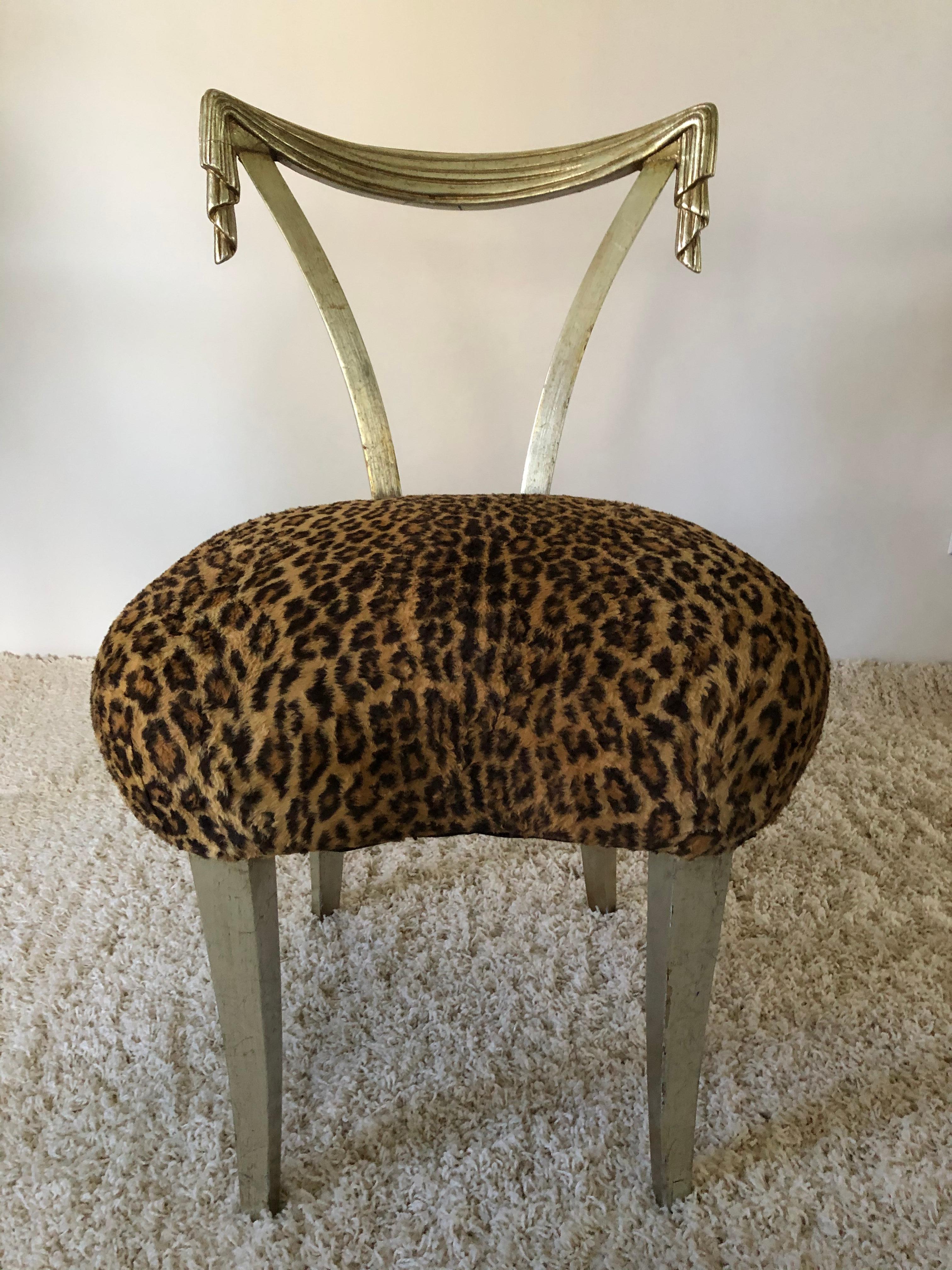 Hardwood Pair of Grosfeld House Silver Leaf Leopard Tassel Chairs For Sale