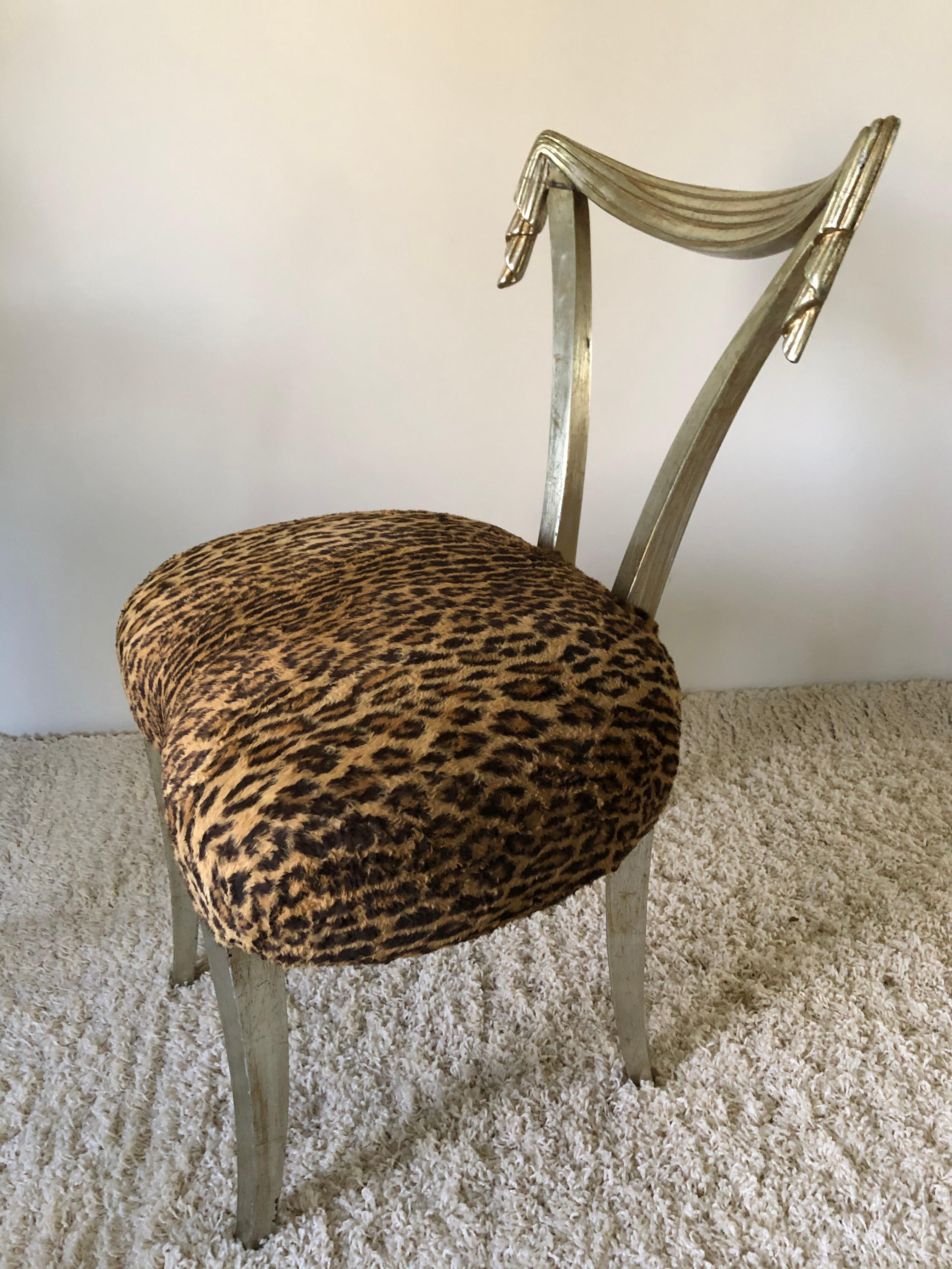 Pair of Grosfeld House Silver Leaf Leopard Tassel Chairs For Sale 1
