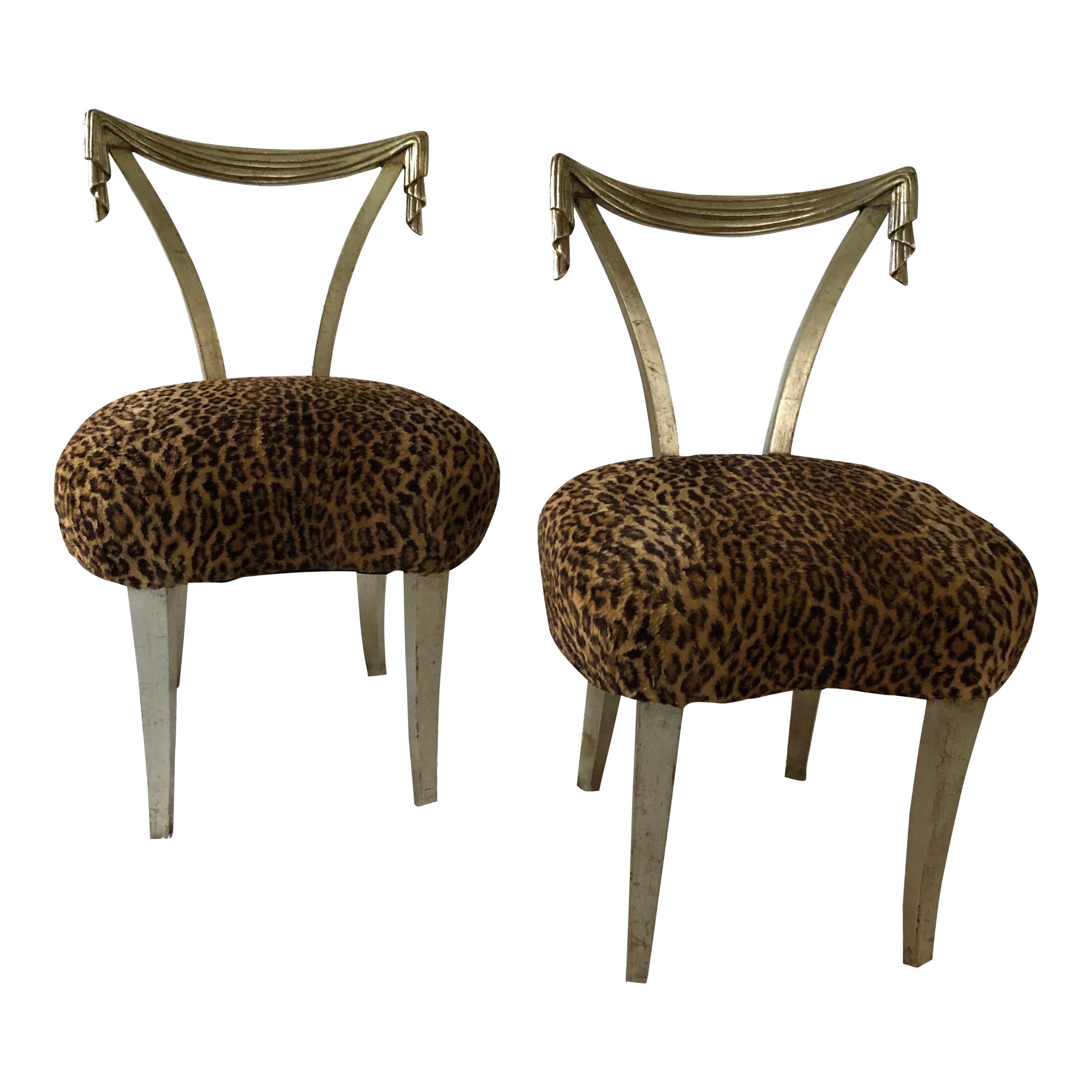 Pair of Grosfeld House Silver Leaf Leopard Tassel Chairs