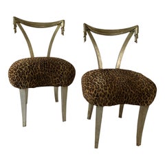 Retro Pair of Grosfeld House Silver Leaf Leopard Tassel Chairs