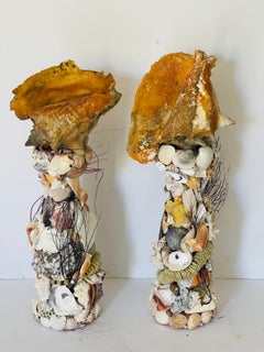 Pair Grotto Sea Shell Candlesticks with Antique Conch Shells