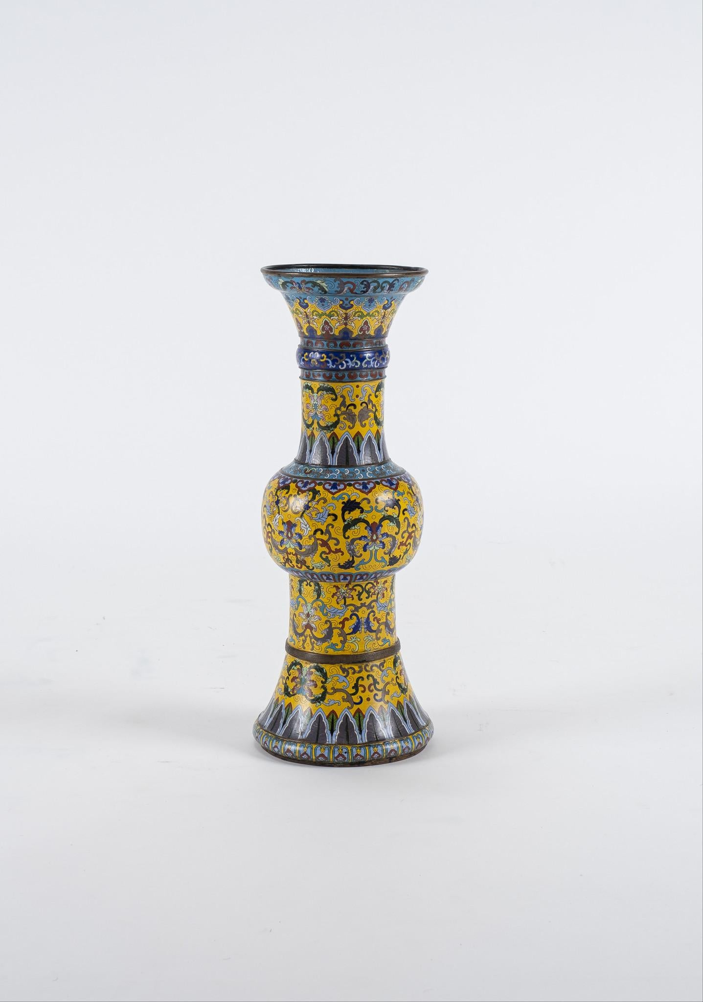 Pair of Imperial yellow Gu form cloisonné vases.