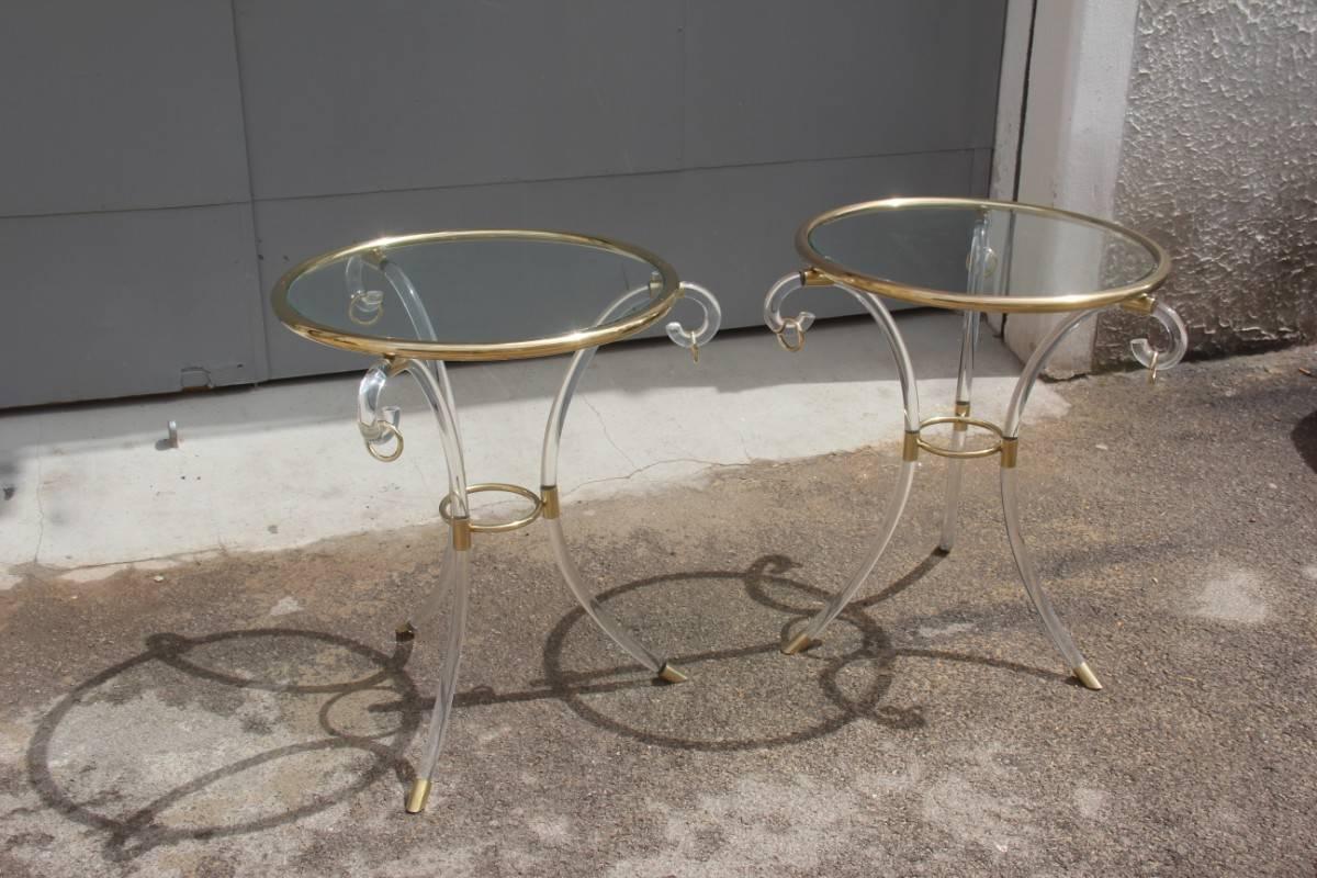 Couple Gueridon Fabian design 1980s Italian brass and methacrylate, particular design and chic design.