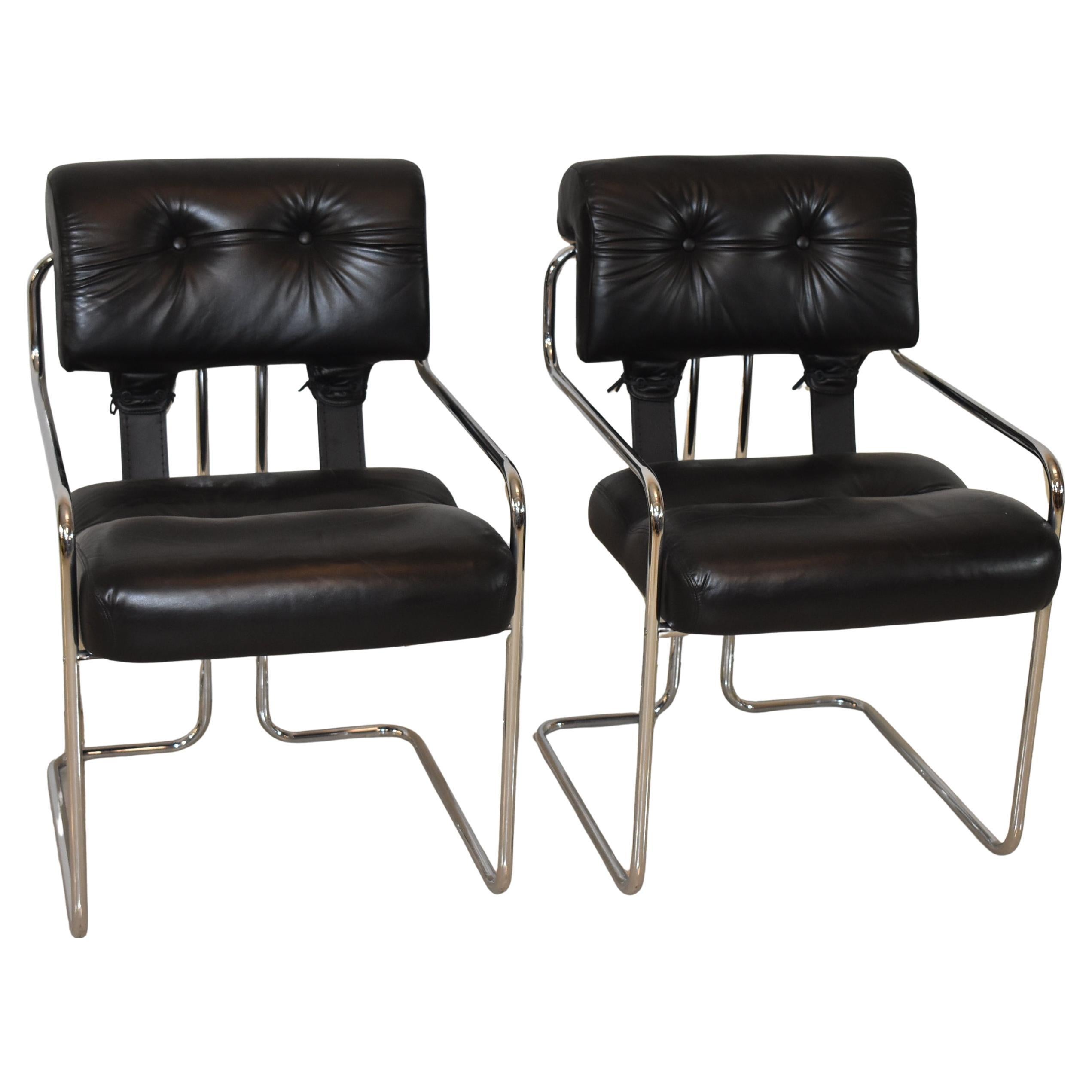 Pair Guido Faleschini Tucroma Leather & Chrome Chairs Italy
