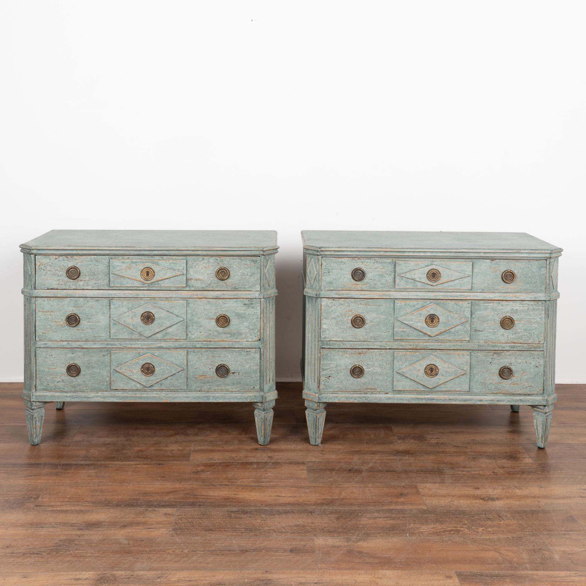 Pair, Gustavian Blue Painted Chest of Drawers, Sweden circa 1860-80 In Good Condition In Round Top, TX