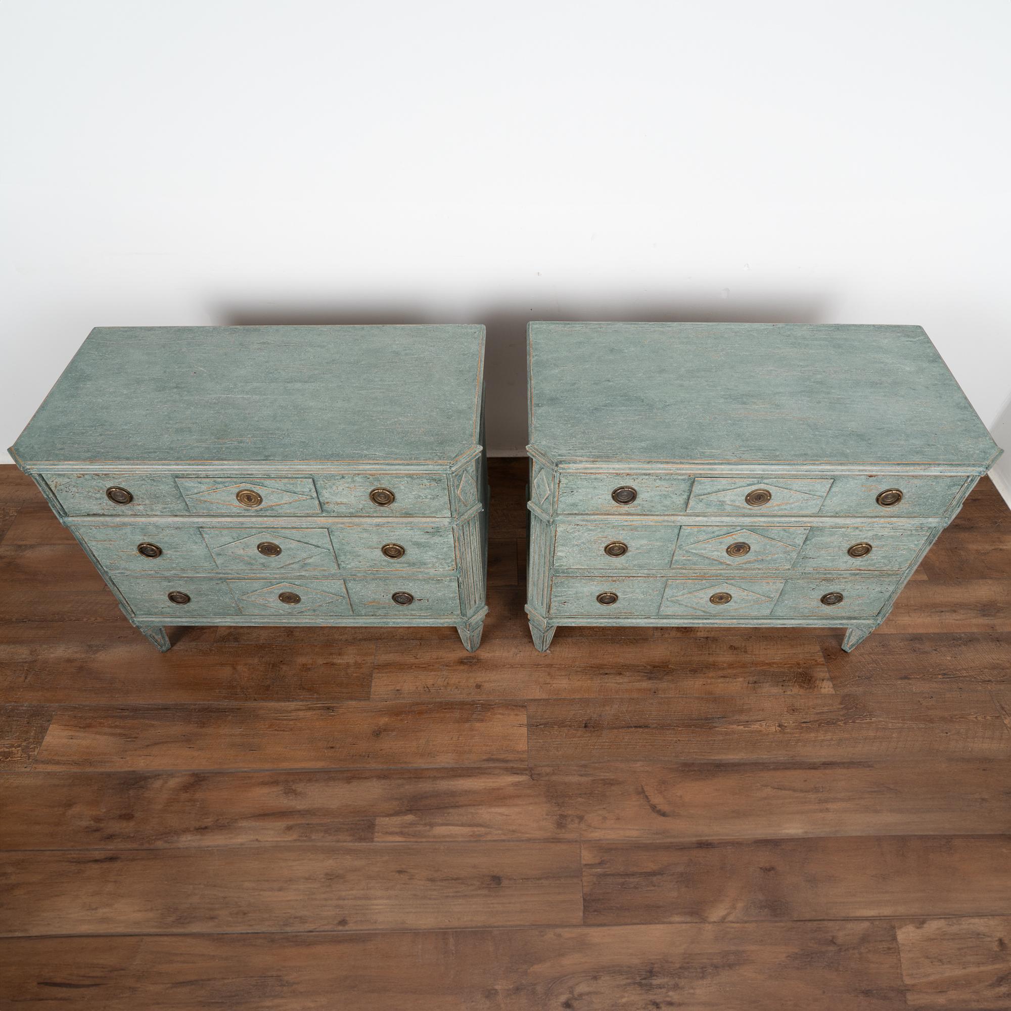 19th Century Pair, Gustavian Blue Painted Chest of Drawers, Sweden circa 1860-80