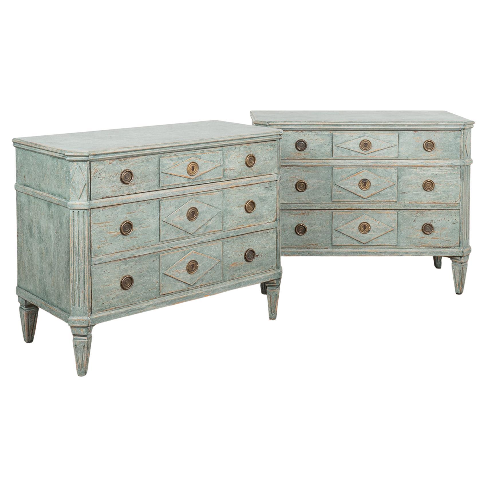 Pair, Gustavian Blue Painted Chest of Drawers, Sweden circa 1860-80