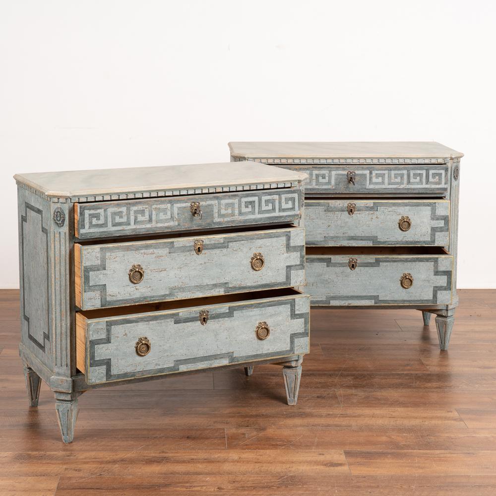 Swedish Pair Gustavian Blue Painted Chest of Drawers w/ Greek Key Pattern, circa 1860-80