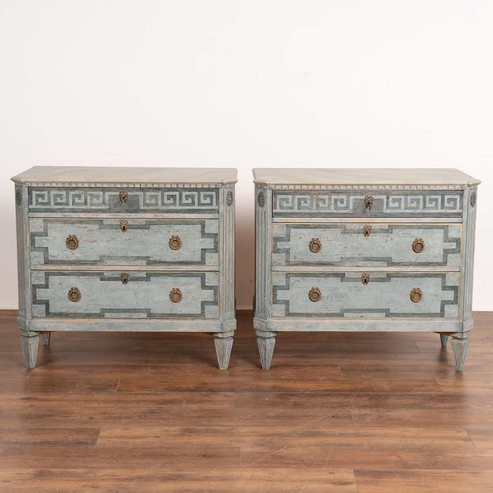 Pair Gustavian Blue Painted Chest of Drawers w/ Greek Key Pattern, circa 1860-80 In Good Condition In Round Top, TX