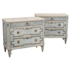Antique Pair Gustavian Blue Painted Chest of Drawers w/ Greek Key Pattern, circa 1860-80