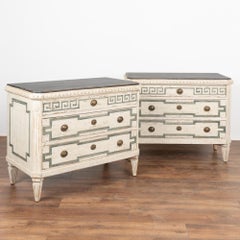 Pair, Gustavian Chest of White Drawers With Greek Key Motif, Sweden circa 1860