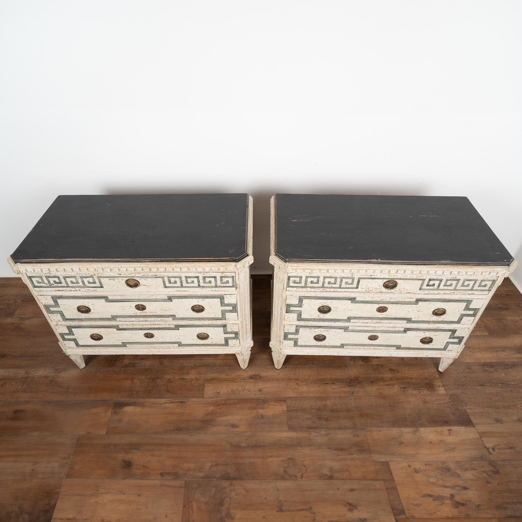 19th Century Pair, Gustavian Chest of White Drawers With Greek Key Motif, Sweden circa 1860