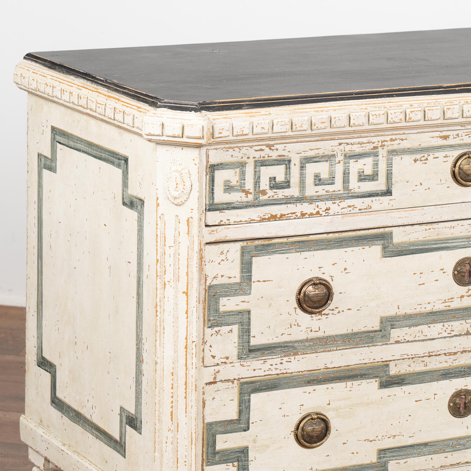 Pine Pair, Gustavian Chest of White Drawers With Greek Key Motif, Sweden circa 1860