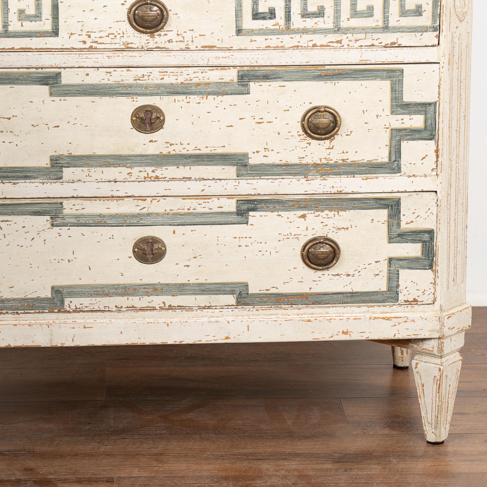 Pair, Gustavian Chest of White Drawers With Greek Key Motif, Sweden circa 1860 2