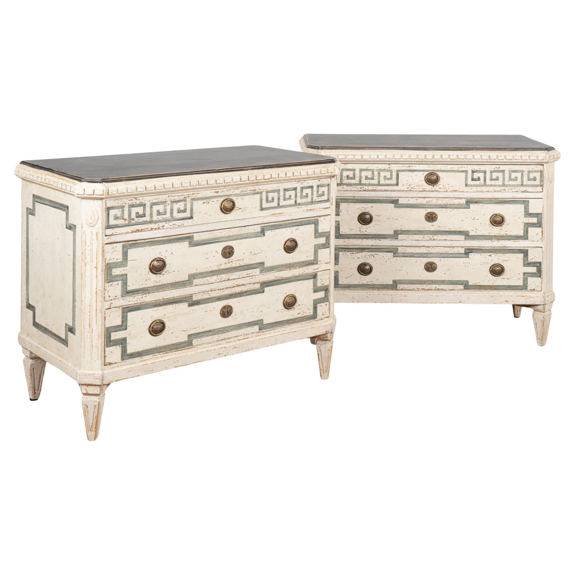 Pair, Gustavian Chest of White Drawers With Greek Key Motif, Sweden circa 1860