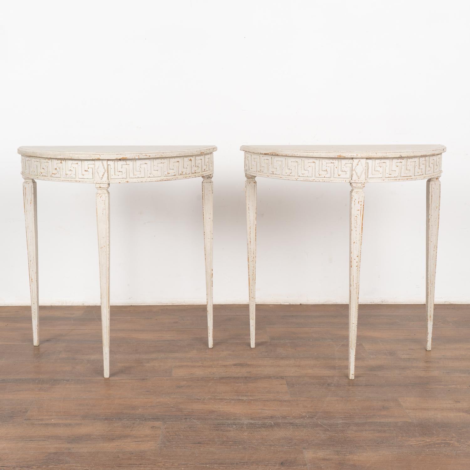 Swedish Pair, Gustavian Small White Demi Lune Side Tables For Sale