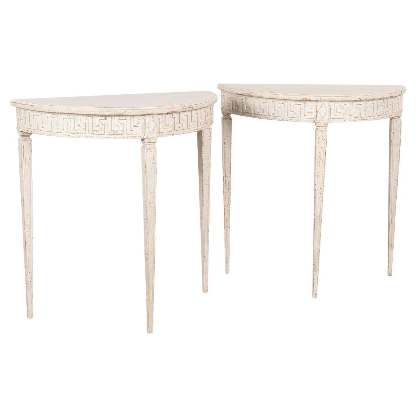 Pair, Gustavian Small White Demi Lune Side Tables For Sale