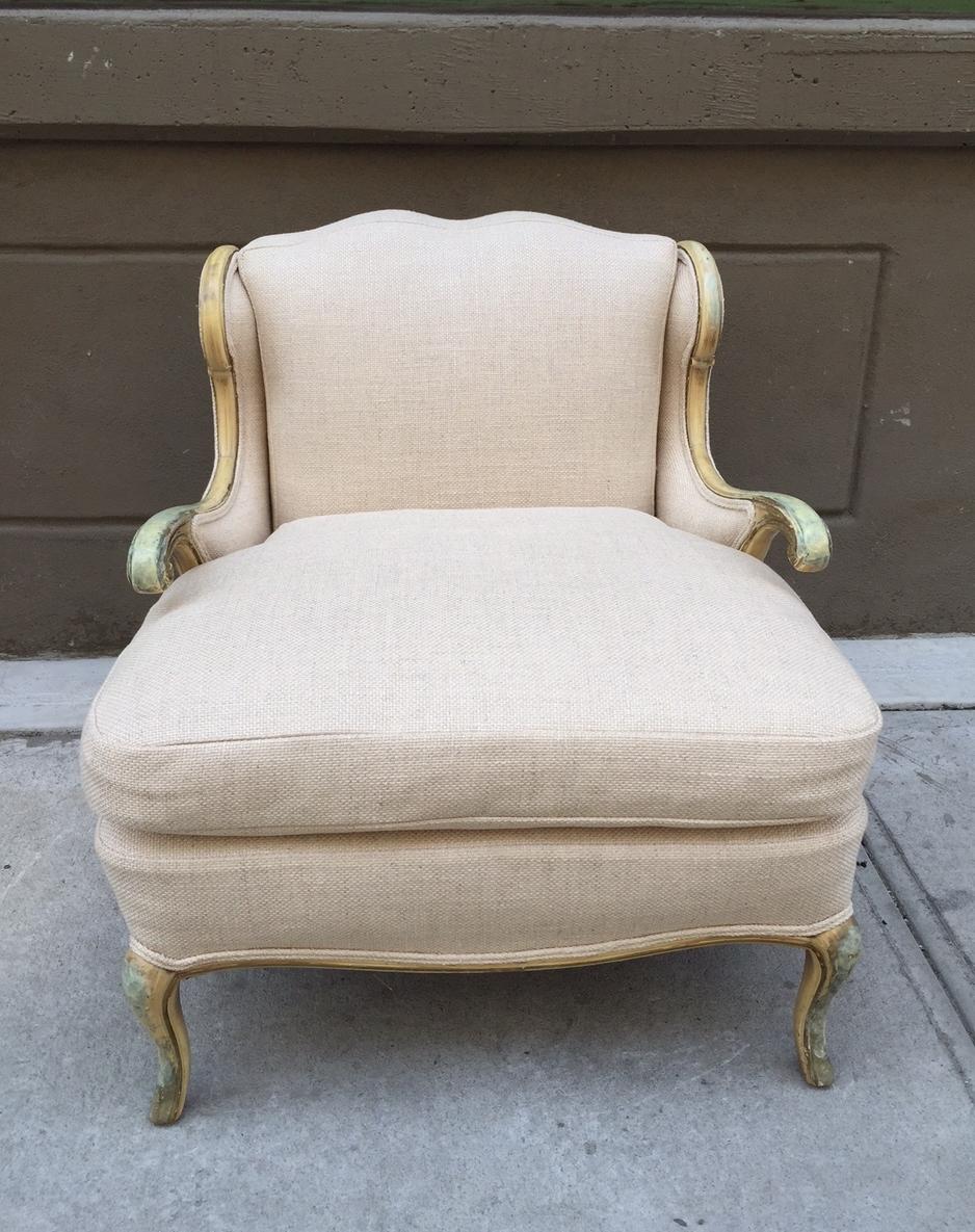 Pair Gustavian Style Linen Lounge Chairs For Sale 1