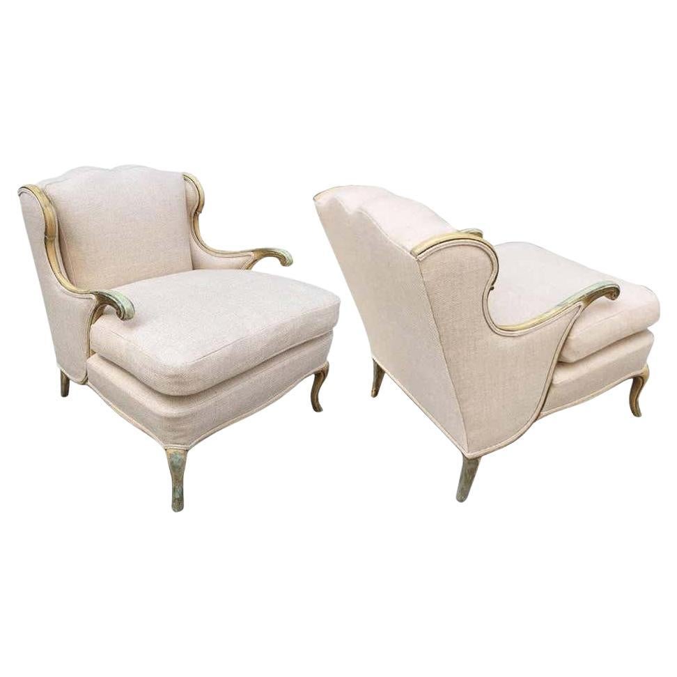 Pair Gustavian Style Linen Lounge Chairs For Sale