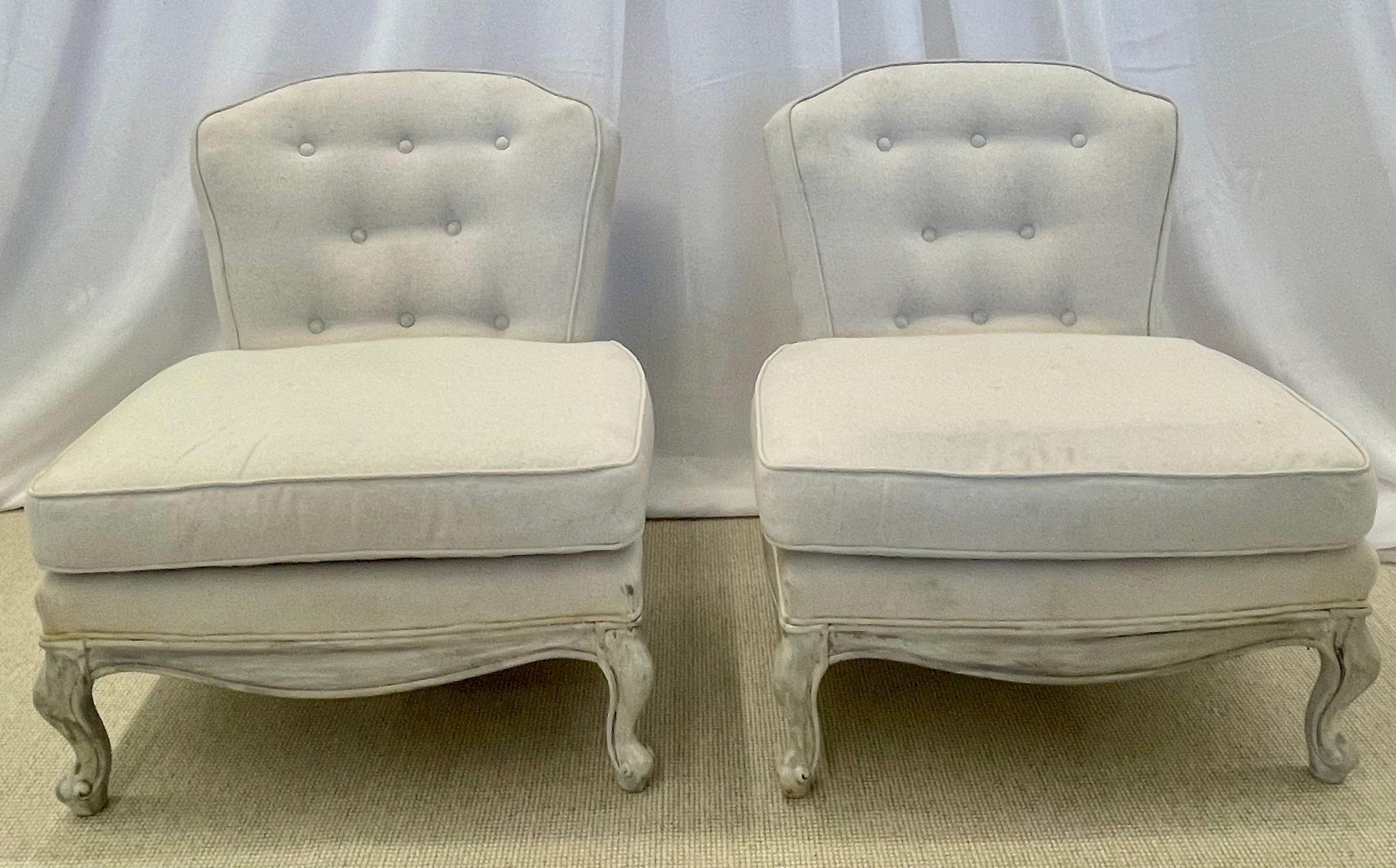 Mid-20th Century Pair Gustavian Style Slipper Chairs, Swedish Style Paint Decorated Chairs For Sale