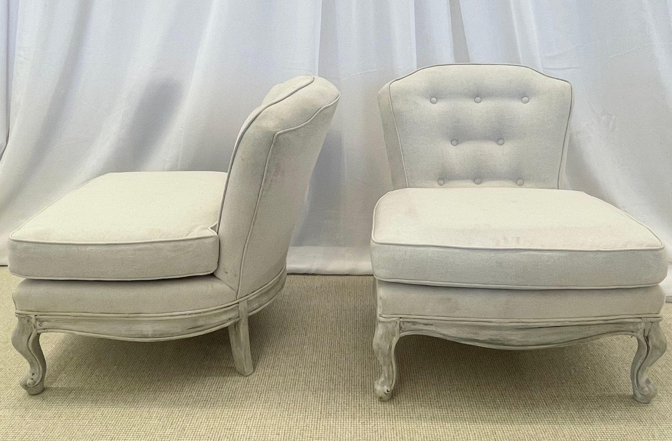 Textile Pair Gustavian Style Slipper Chairs, Swedish Style Paint Decorated Chairs For Sale