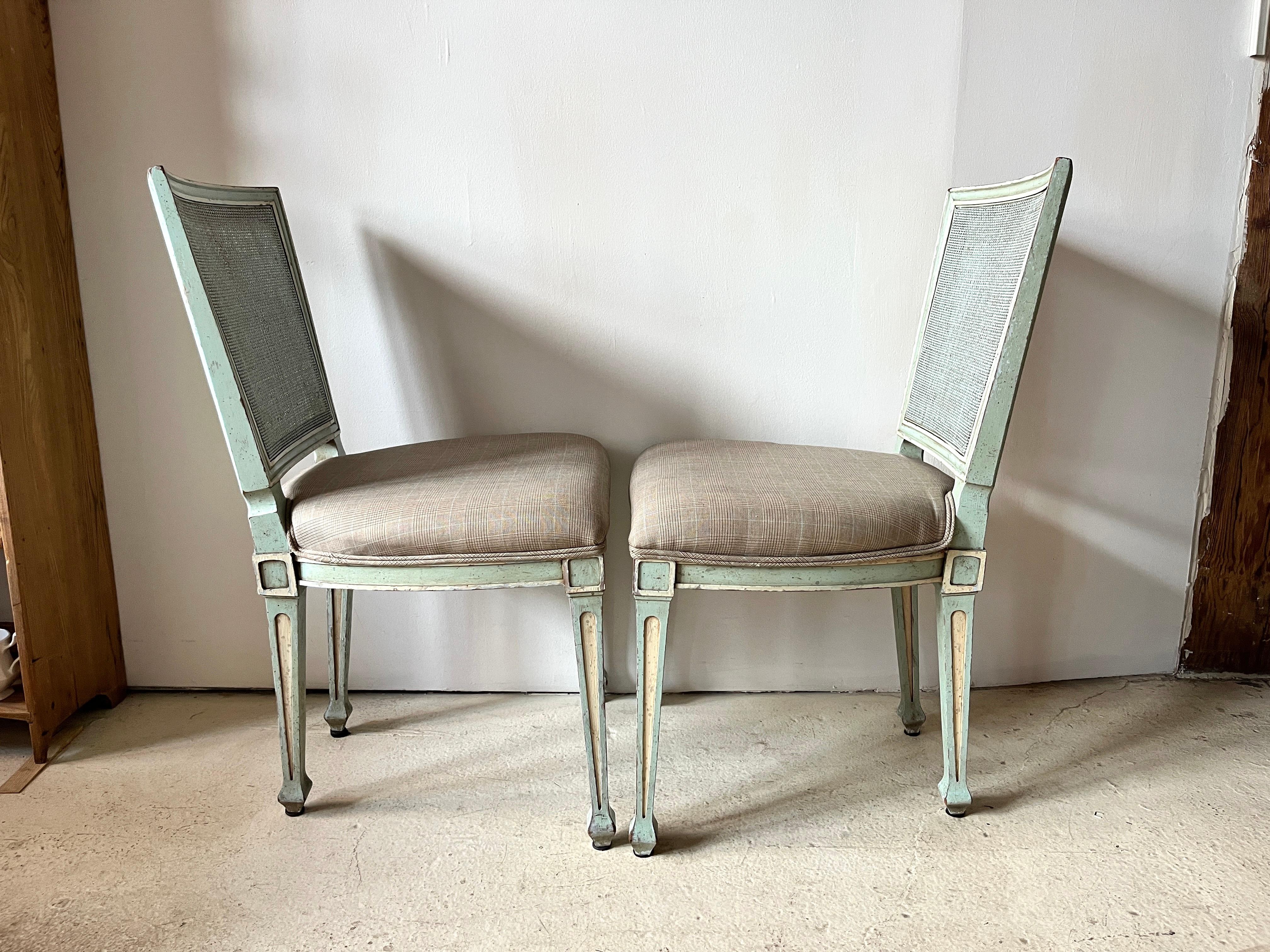 Pair Gustavian Style Square-Back, Cane Painted Side Chairs by John Widdicomb For Sale 6