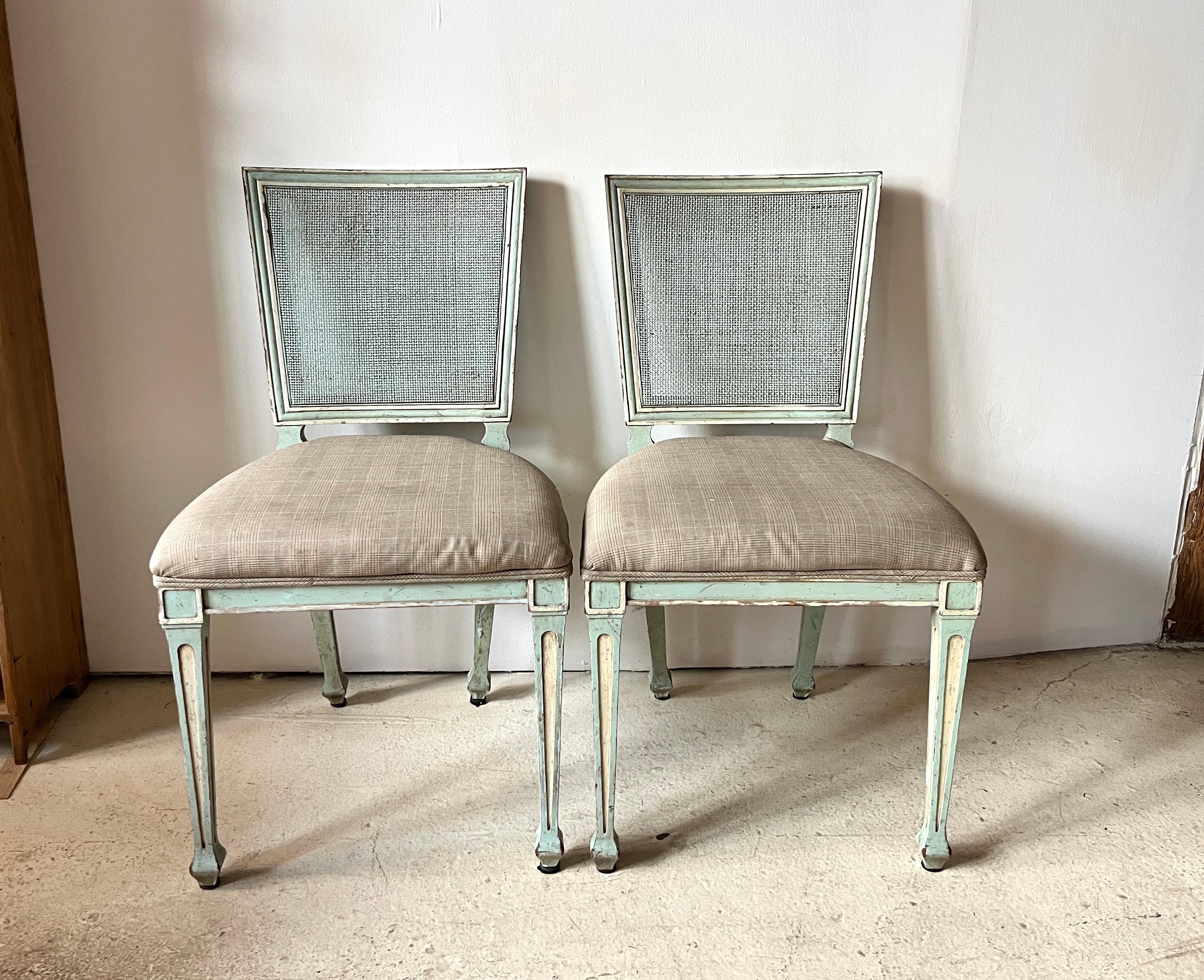 American Pair Gustavian Style Square-Back, Cane Painted Side Chairs by John Widdicomb For Sale