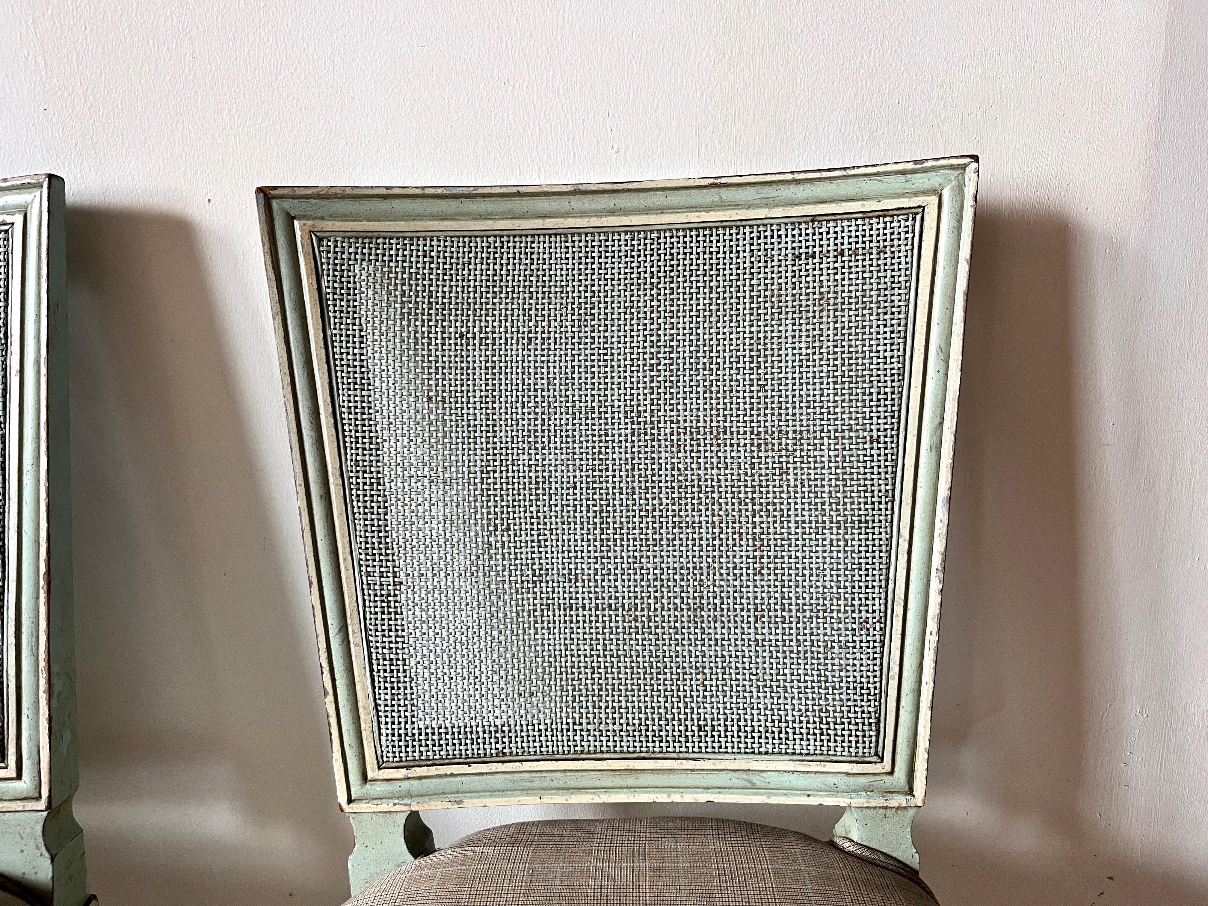 Hand-Crafted Pair Gustavian Style Square-Back, Cane Painted Side Chairs by John Widdicomb For Sale