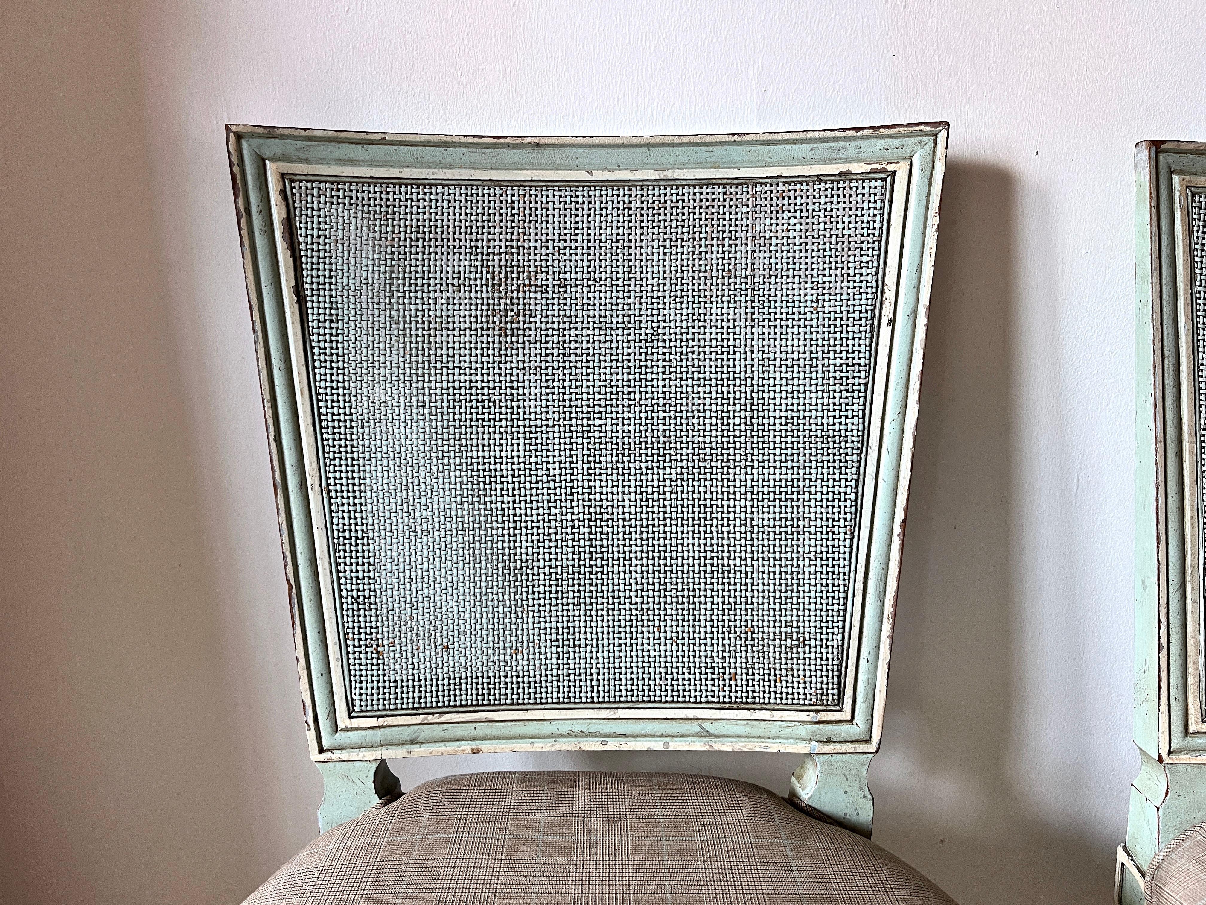 Pair Gustavian Style Square-Back, Cane Painted Side Chairs by John Widdicomb In Fair Condition For Sale In Chicago, IL