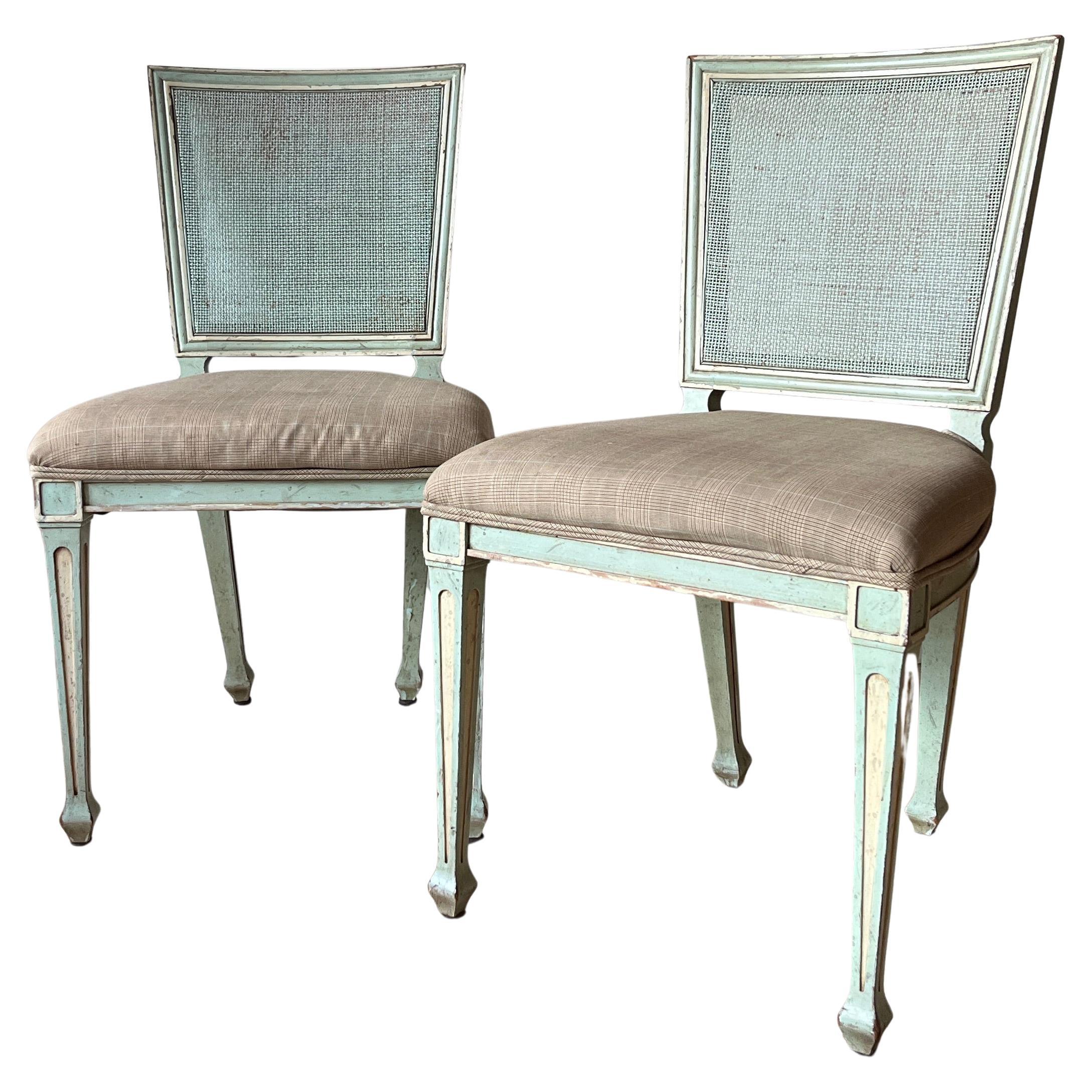 Pair Gustavian Style Square-Back, Cane Painted Side Chairs by John Widdicomb For Sale