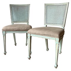 Pair Gustavian Style Square-Back, Cane Painted Side Chairs by John Widdicomb