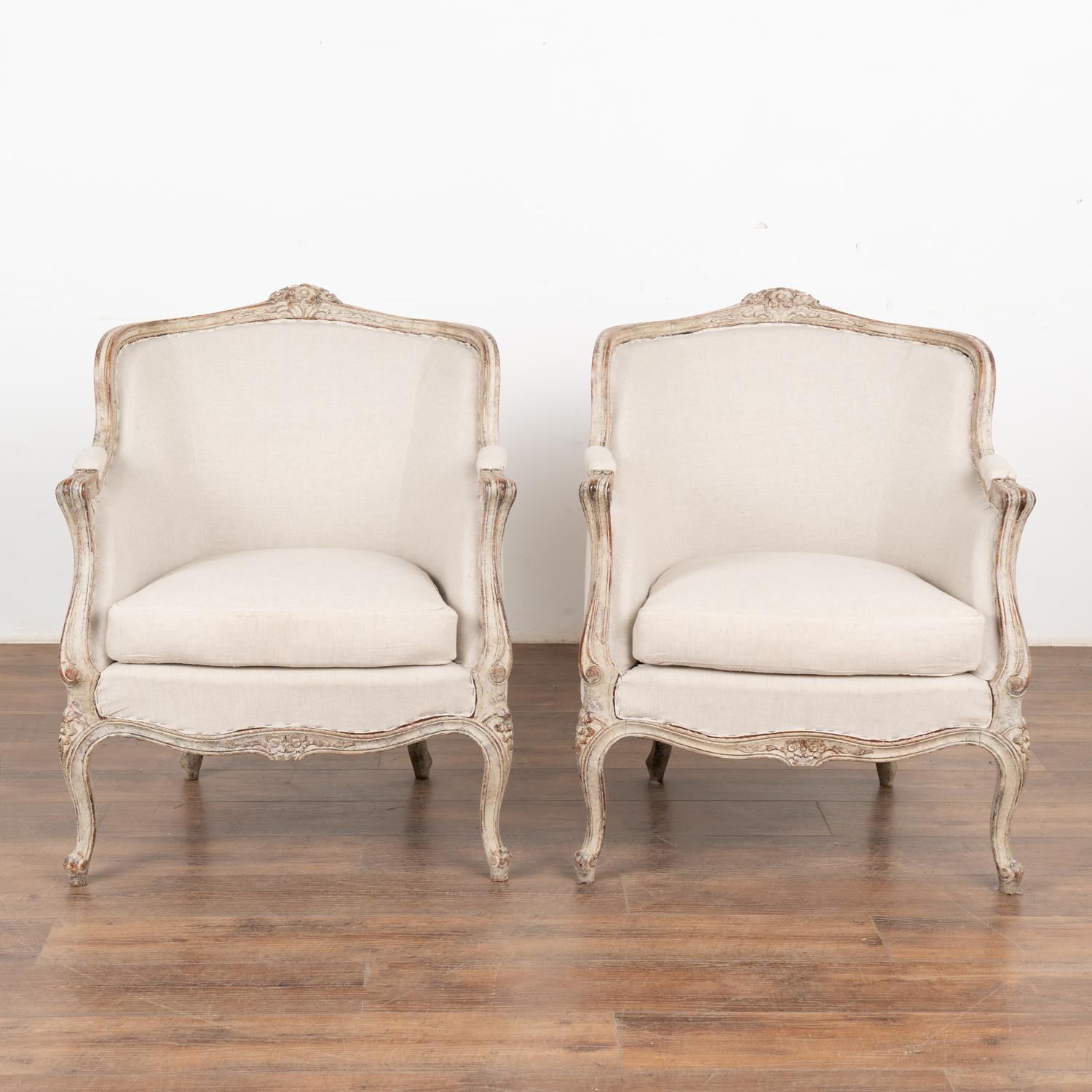 Swedish Pair, Gustavian Style White Arm Chairs, Sweden circa 1940 For Sale