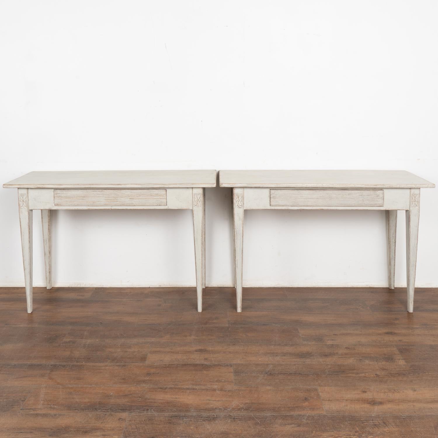 Pair, Gustavian Style White Console Tables with Drawer, Sweden circa 1860 In Good Condition For Sale In Round Top, TX