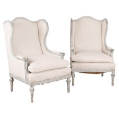 Pair, Gustavian Style Wingback Arm Chairs from Sweden, circa 1920-40