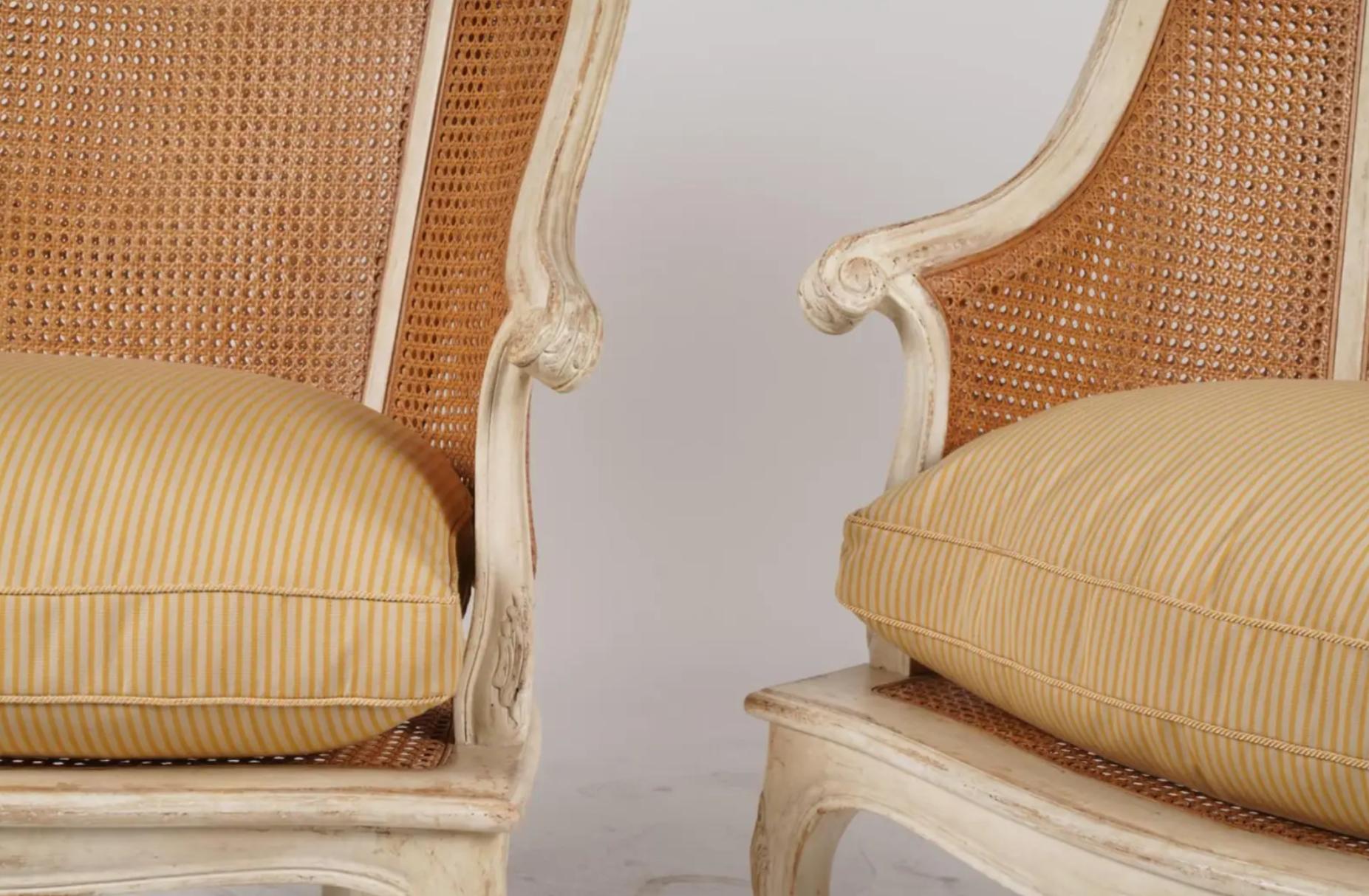 Pair of Gustavian Swedish Empire Style Hendrix Allardyce Painted Double Caned Bergeres Chairs