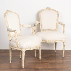Pair, Gustavian White Painted Arm Chairs from Sweden, circa 1840-1860