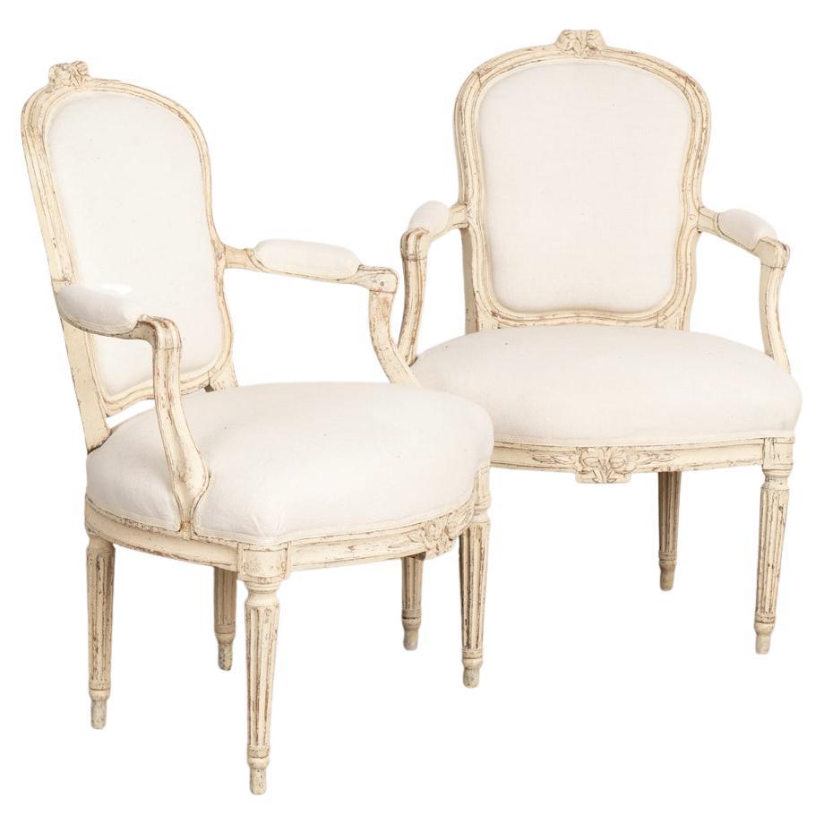 Pair, Gustavian White Painted Arm Chairs from Sweden, circa 1840-1860 For Sale