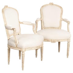 Used Pair, Gustavian White Painted Arm Chairs from Sweden, circa 1840-1860