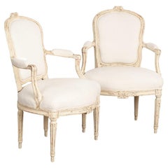 Pair, Gustavian White Painted Arm Chairs from Sweden, circa 1840-1860