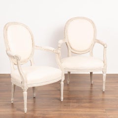 Pair, Gustavian White Painted Arm Chairs, Sweden, circa 1880
