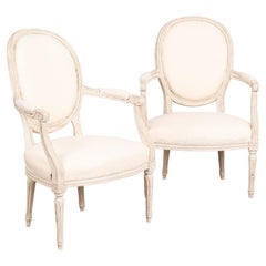 Pair, Gustavian White Painted Arm Chairs, Sweden, circa 1880