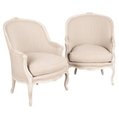 Antique Pair, Gustavian White Painted Arm Chairs, Sweden circa 1880