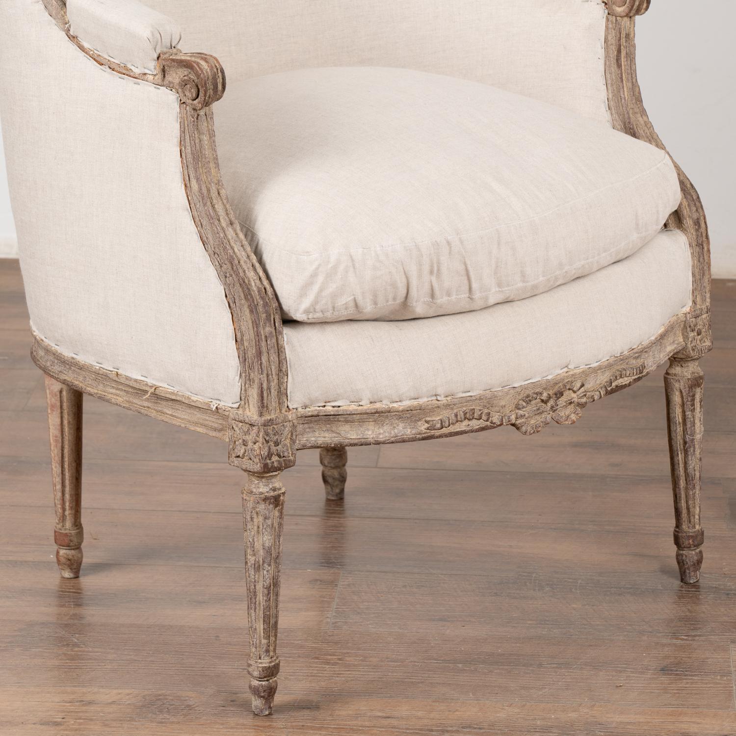 Linen Pair, Gustavian White Painted Armchairs, Sweden circa 1940 For Sale