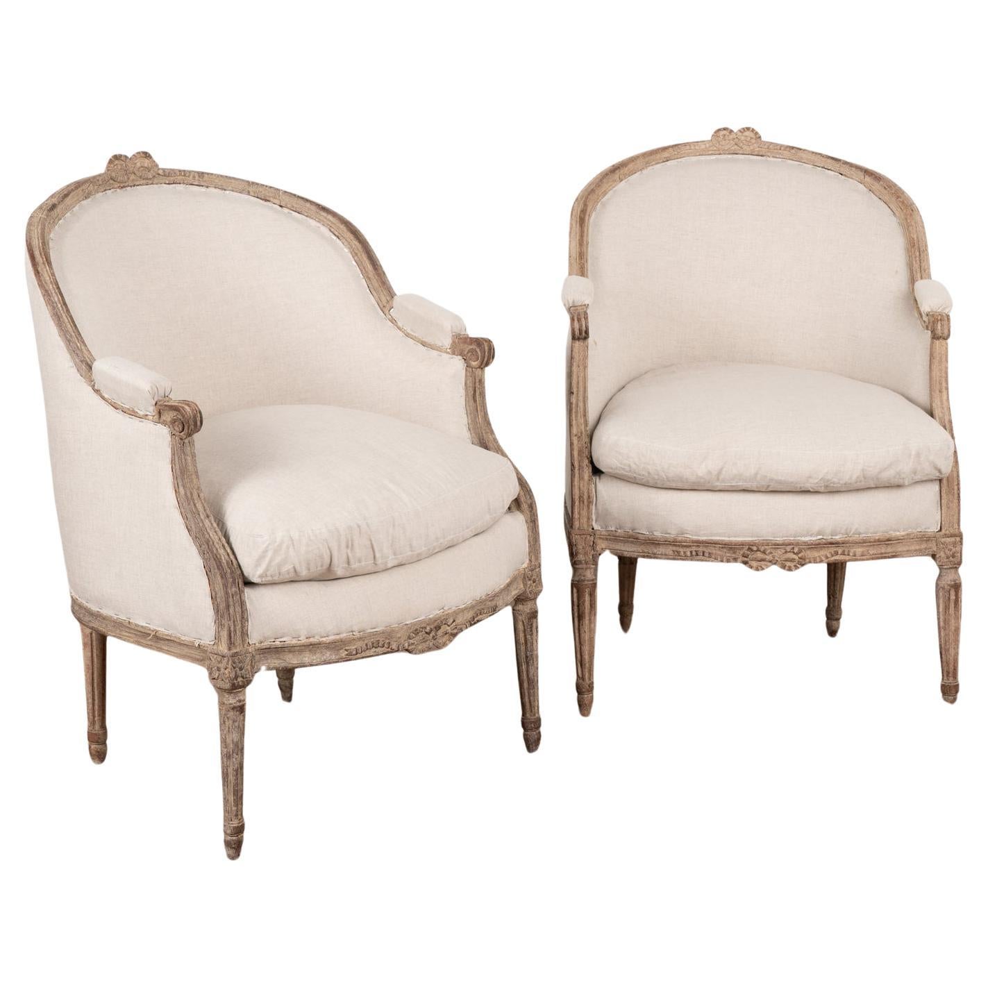 Pair, Gustavian White Painted Armchairs, Sweden circa 1940 For Sale